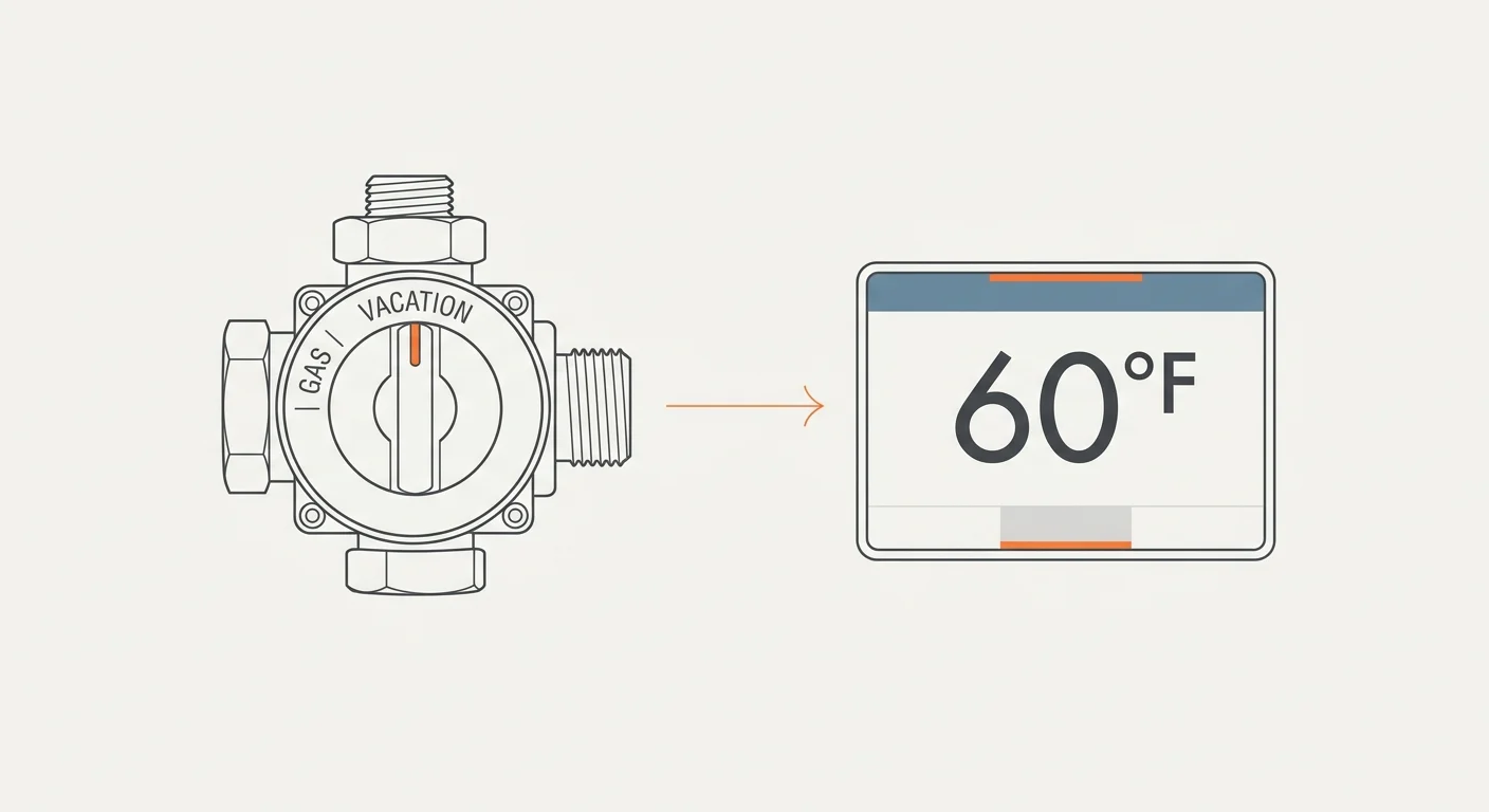A minimalist diagram showing a water heater dial turned to vacation mode and a digital panel displaying 60 degrees Fahrenheit.