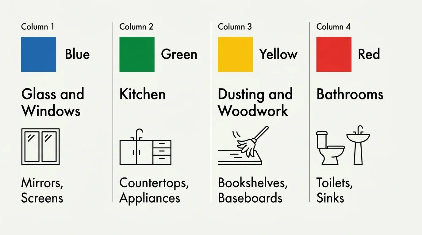 A minimalist diagram showing four color-coded zones for microfiber cloths: blue for glass, green for kitchen, yellow for dusting, and red fo