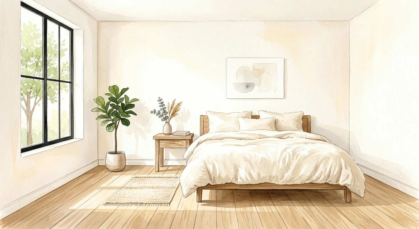 A minimalist gouache illustration of an airy, sun-lit bedroom with warm white walls and soft cream linens.