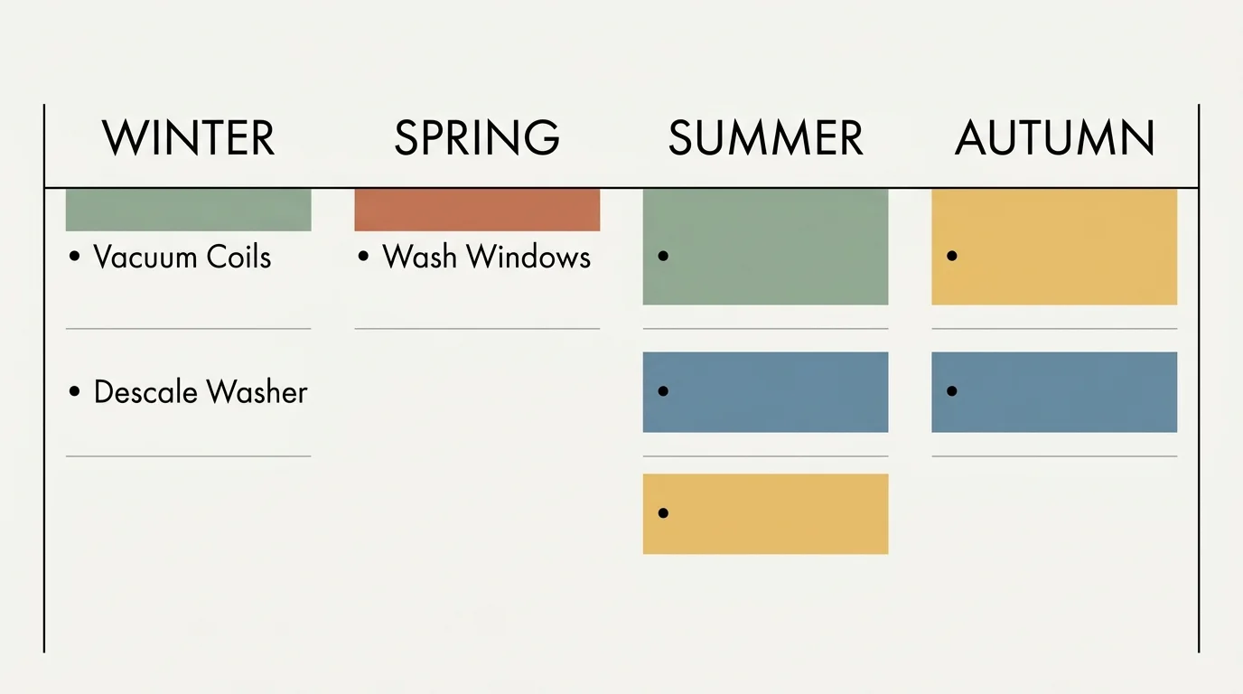 A minimalist horizontal diagram displaying a seasonal cleaning schedule divided into four columns: Winter, Spring, Summer, and Autumn.