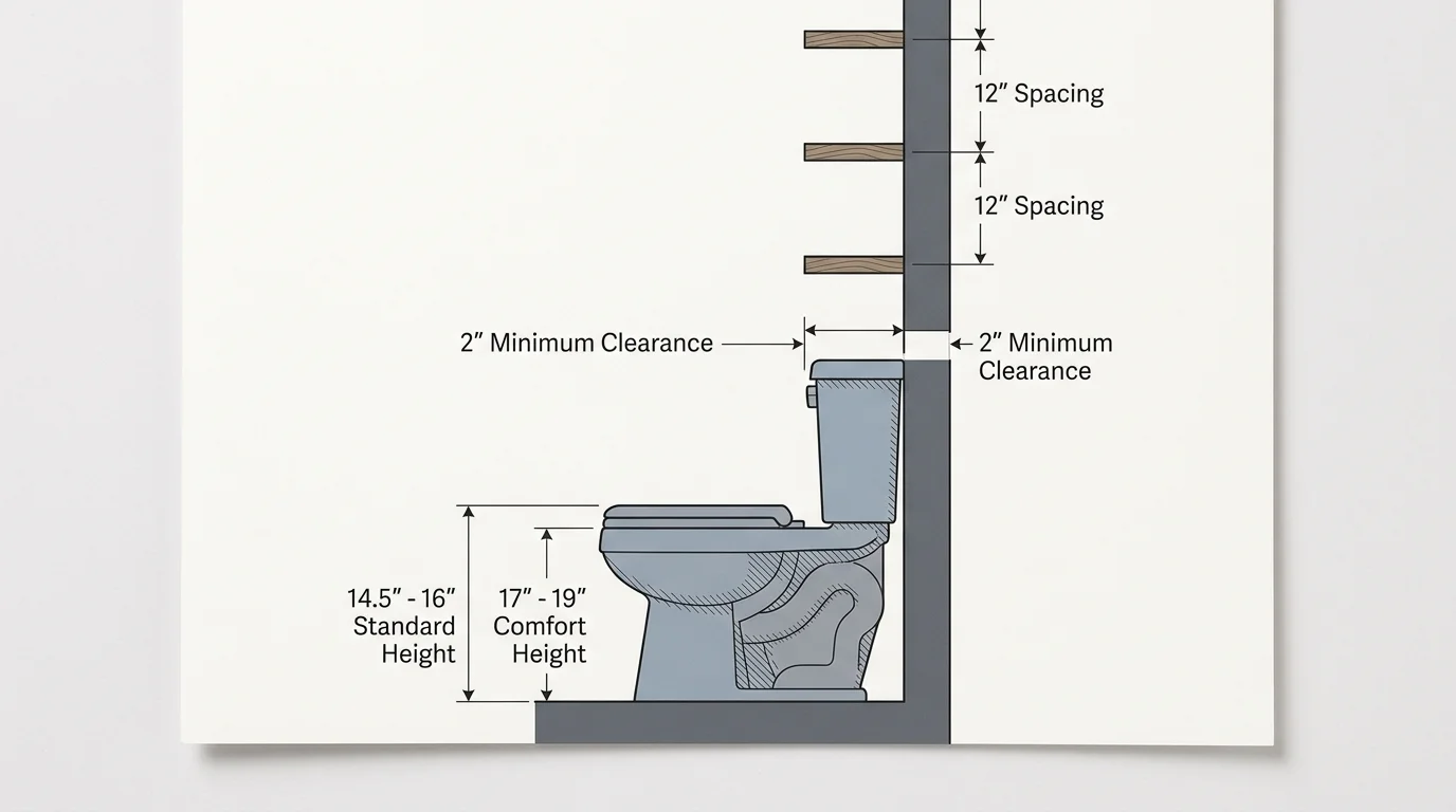 A minimalist layout diagram showing clearances and measurements for over-the-toilet bathroom shelving.