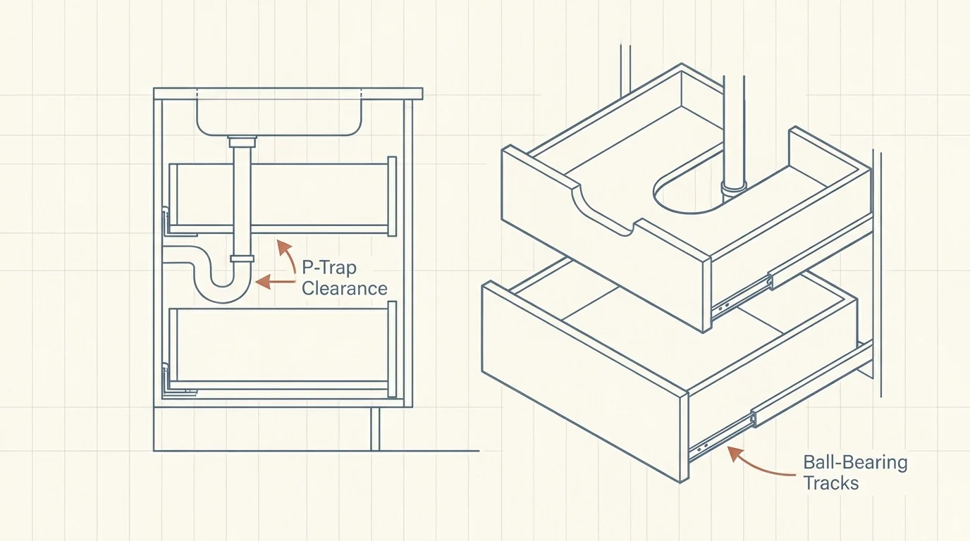A minimalist line diagram showing how a U-shaped drawer wraps around plumbing pipes with labels for P-trap clearance and tracks.