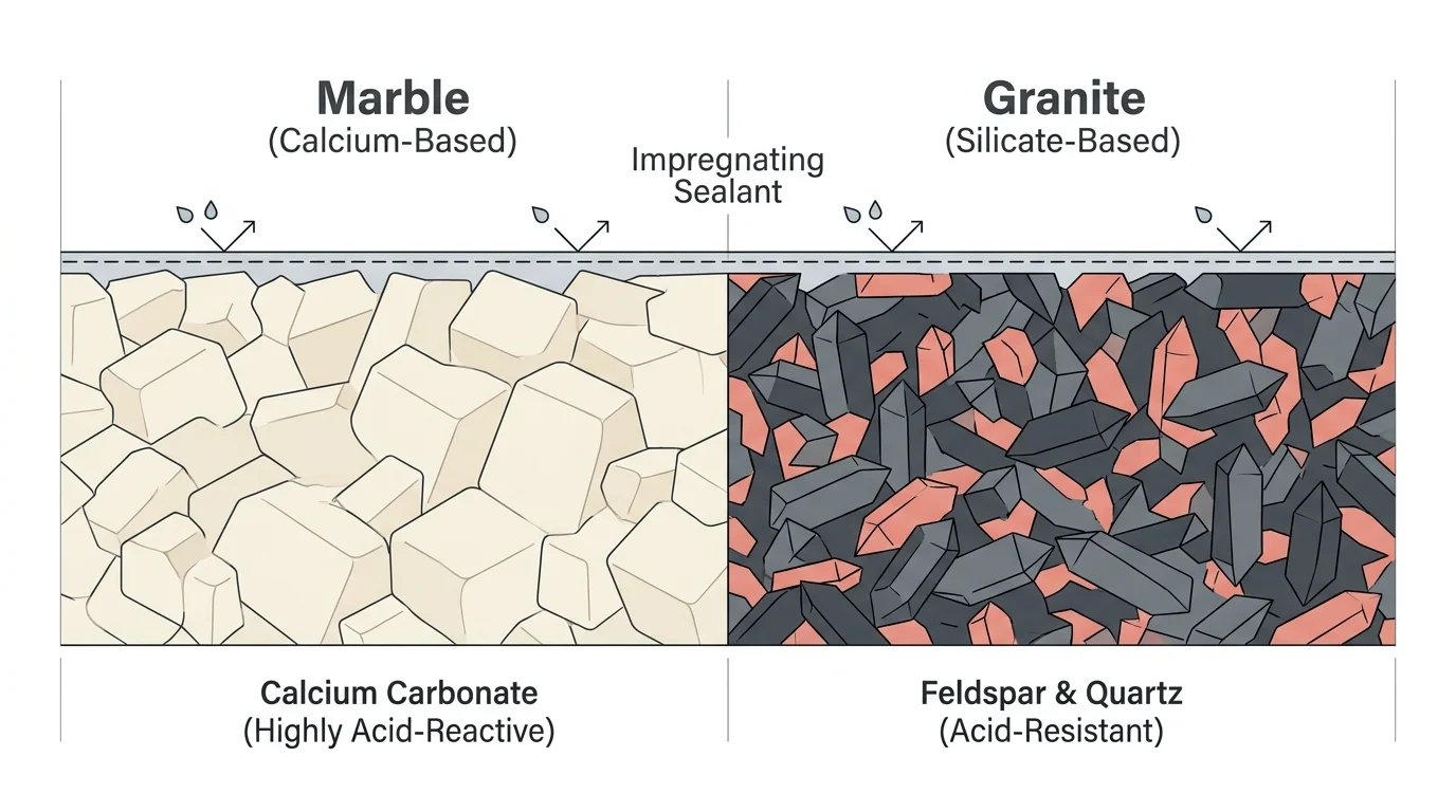 A minimalist scientific diagram comparing the porous calcium structure of marble with dense granite.