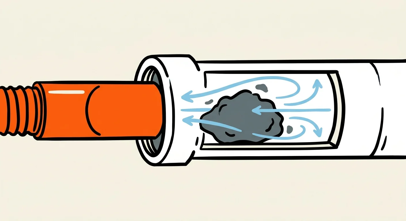 A minimalist vector illustration showing a wet-dry vac suction clearing a dark blockage from a white PVC drain pipe.