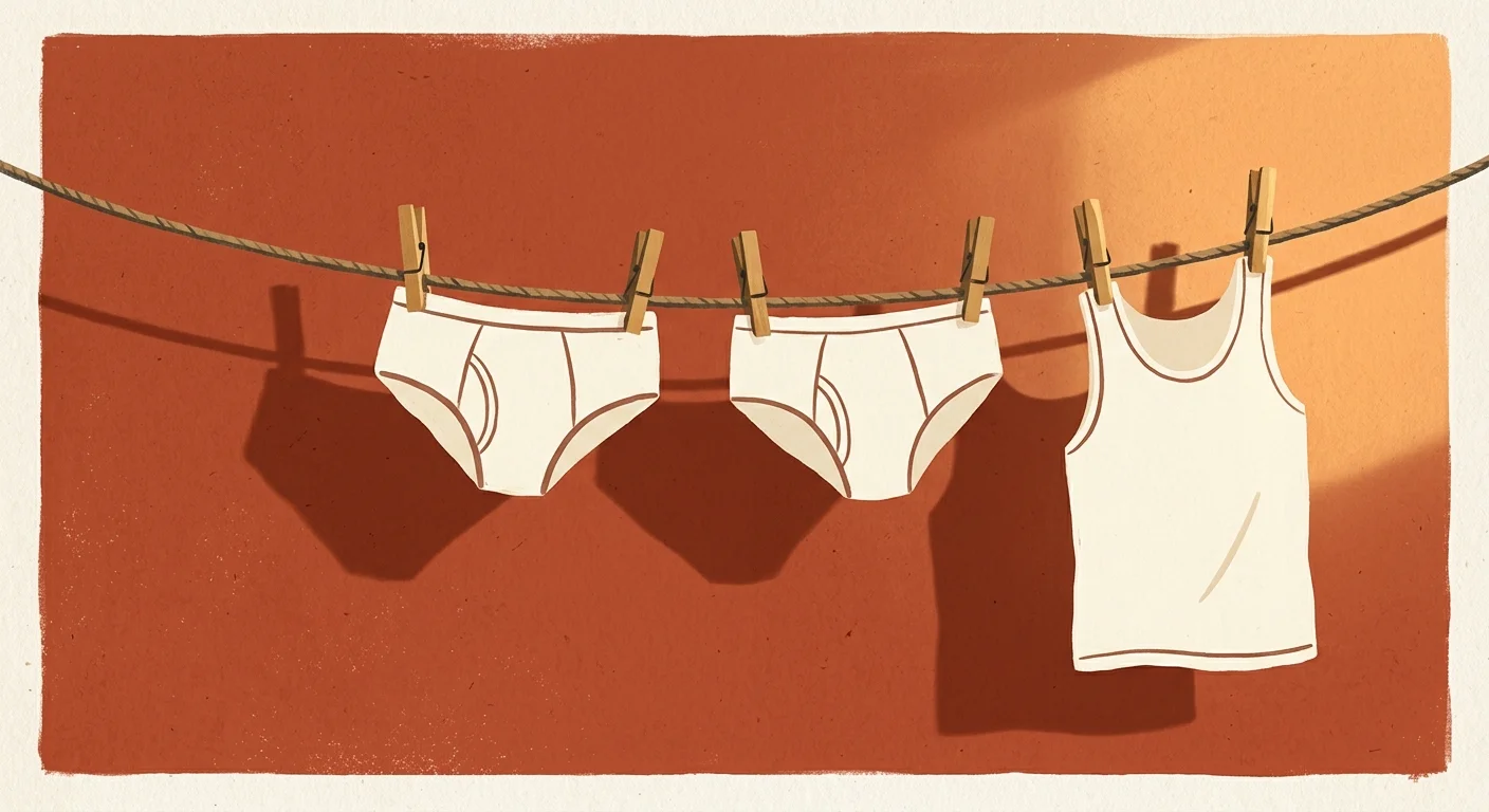 A minimalist, warm illustration of white cotton undergarments hanging from a clothesline against a flat terracotta wall.