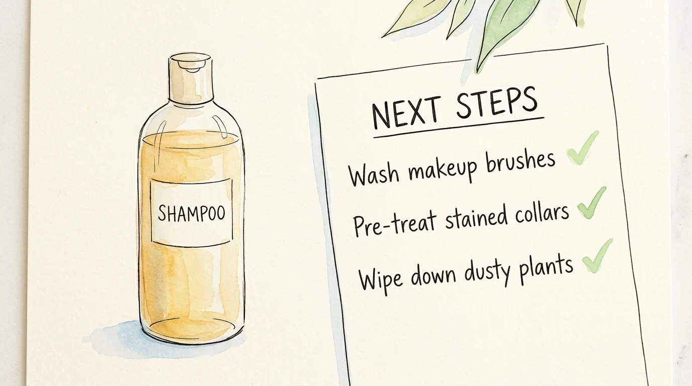 A minimalist watercolor illustration of a shampoo bottle next to a simple hand-drawn checklist of cleaning tasks.