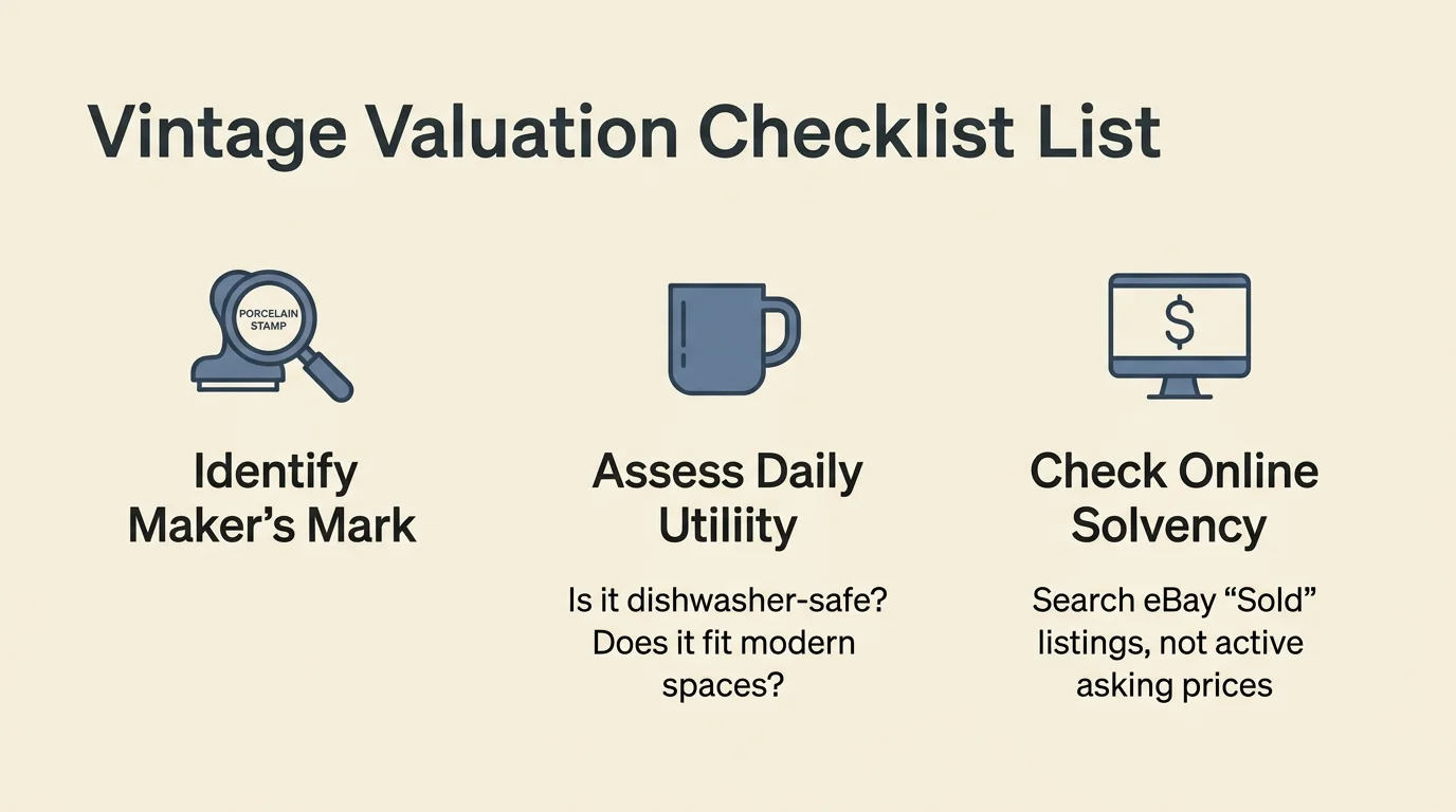 A modern 3-step checklist diagram for evaluating the value of vintage decor items.