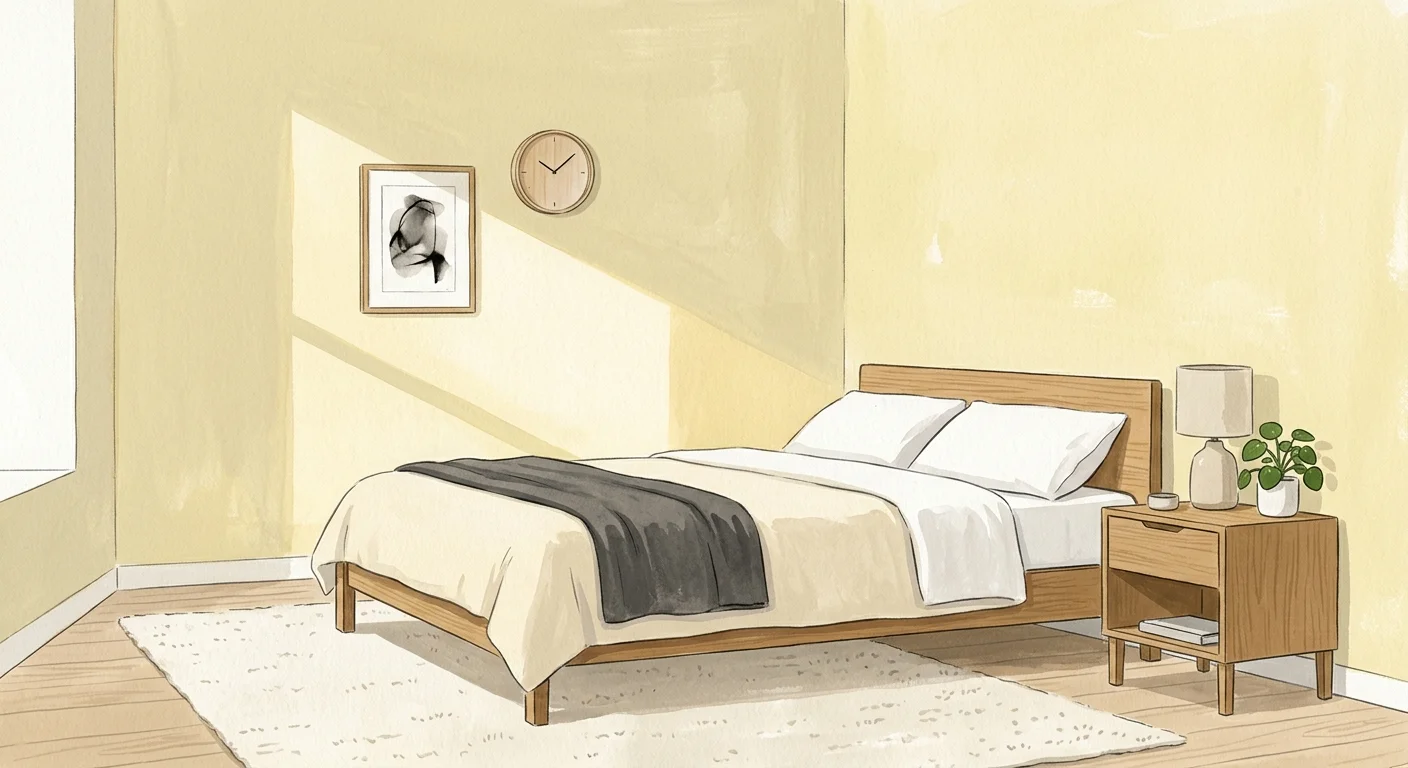 A modern editorial gouache illustration of a clean bedroom with soft, non-stimulating pale yellow walls.