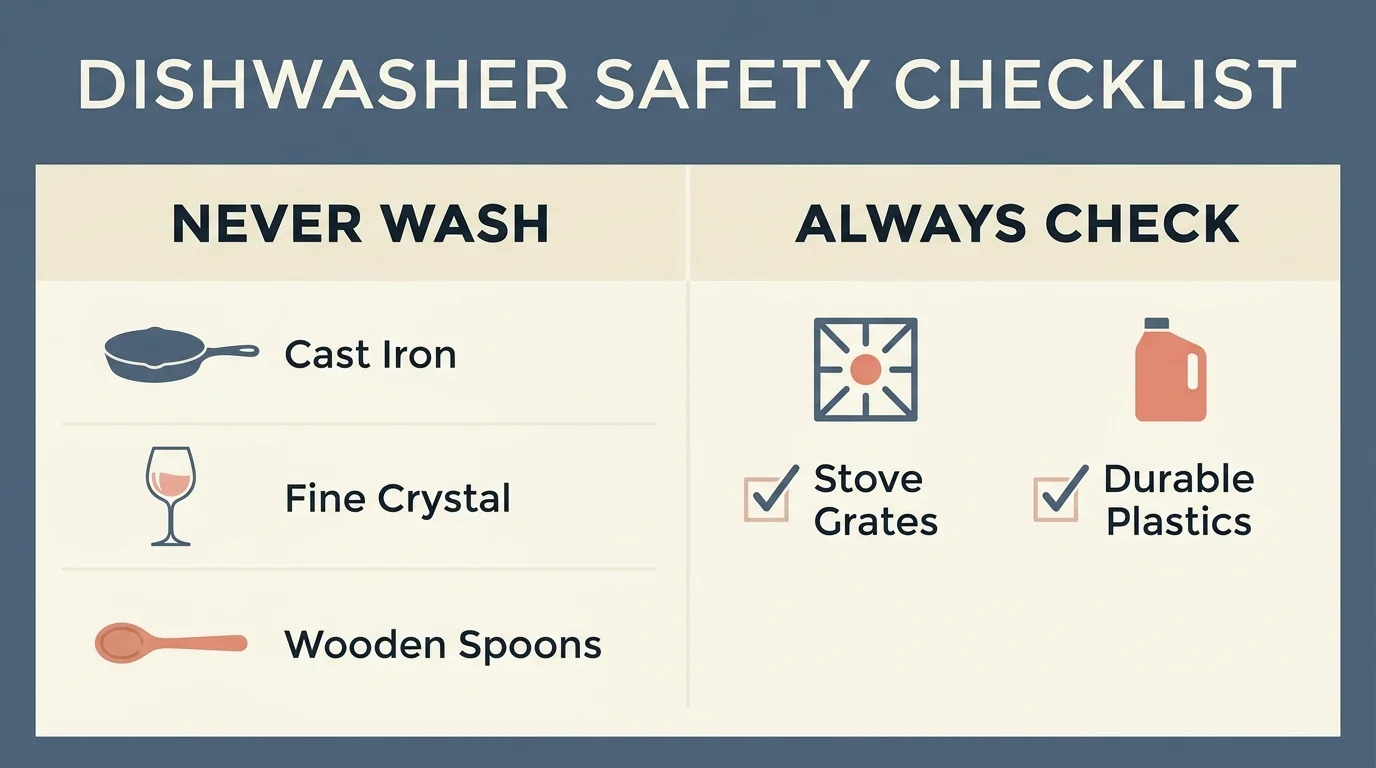 A modern, minimalist infographic checklist showing items that should never go into the dishwasher, like cast iron and wooden spoons.