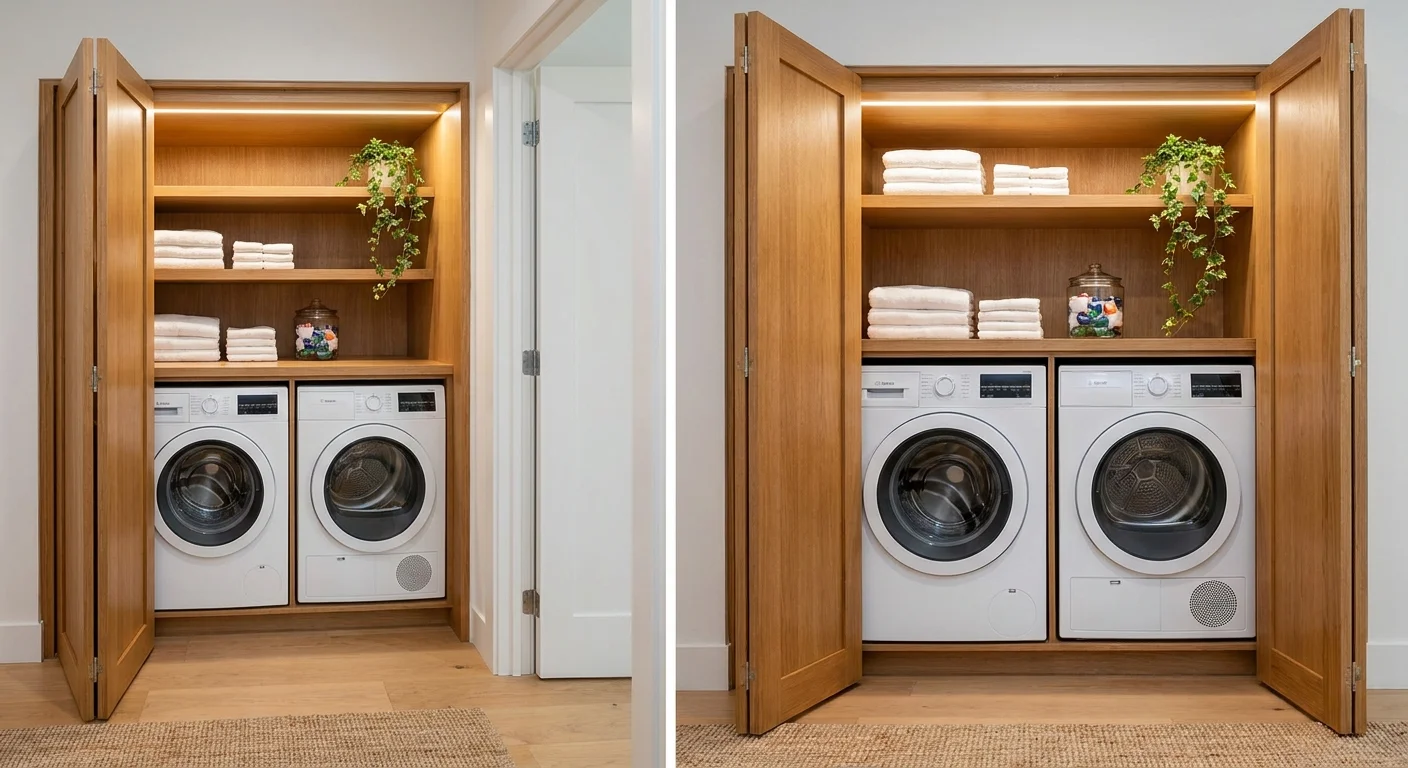 A modern upstairs closet containing stacked washer and dryer units built into custom warm oak cabinetry with open shelving.