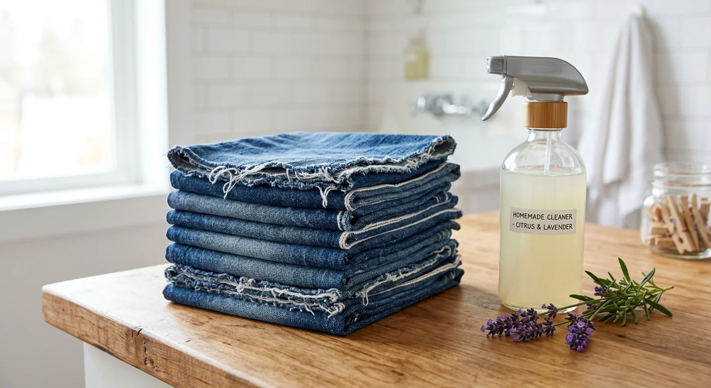 A neat stack of folded denim cleaning rags next to a glass spray bottle on a wooden laundry countertop.