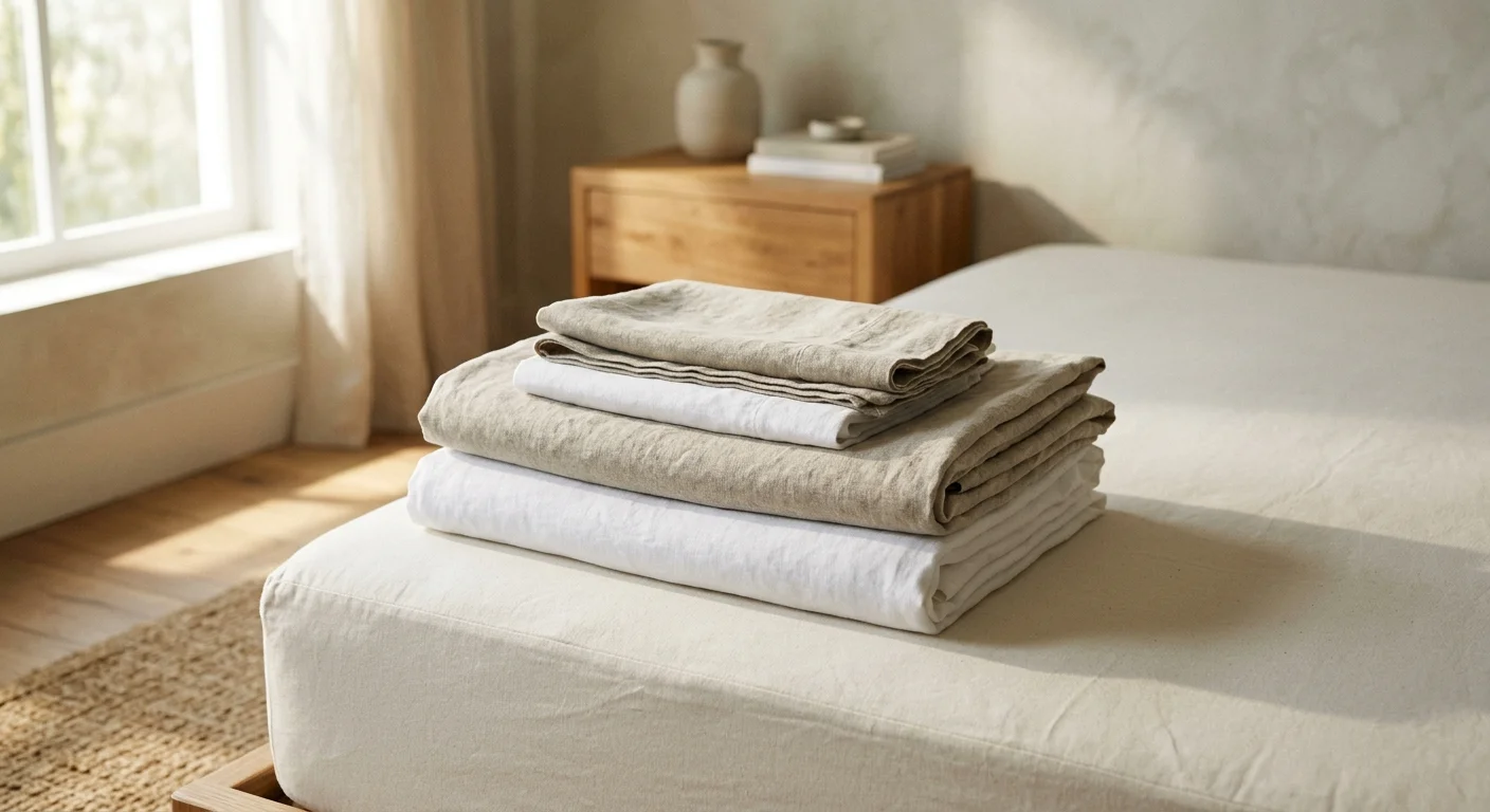 A neat stack of folded white and flax linen sheets sitting on a bare, clean mattress in a sunlit bedroom.