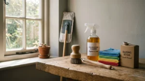 A neatly arranged cleaning kit with a wooden brush, glass spray bottle, and color-coded cloths on an oak bench in a sunlit utility room.