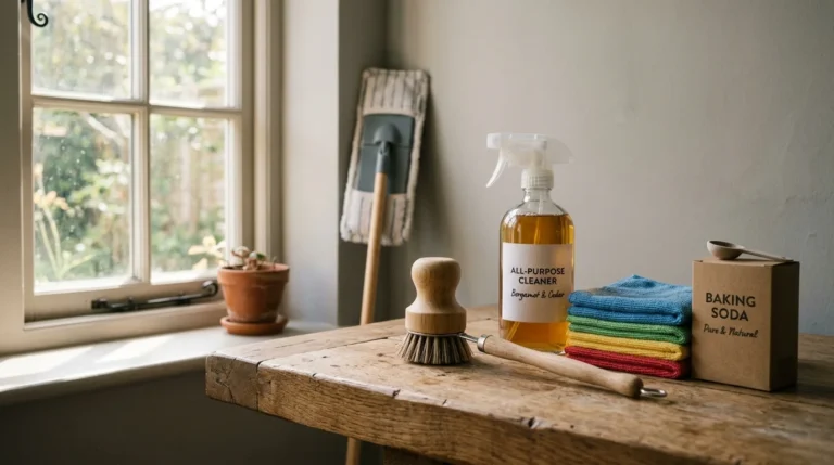 A neatly arranged cleaning kit with a wooden brush, glass spray bottle, and color-coded cloths on an oak bench in a sunlit utility room.