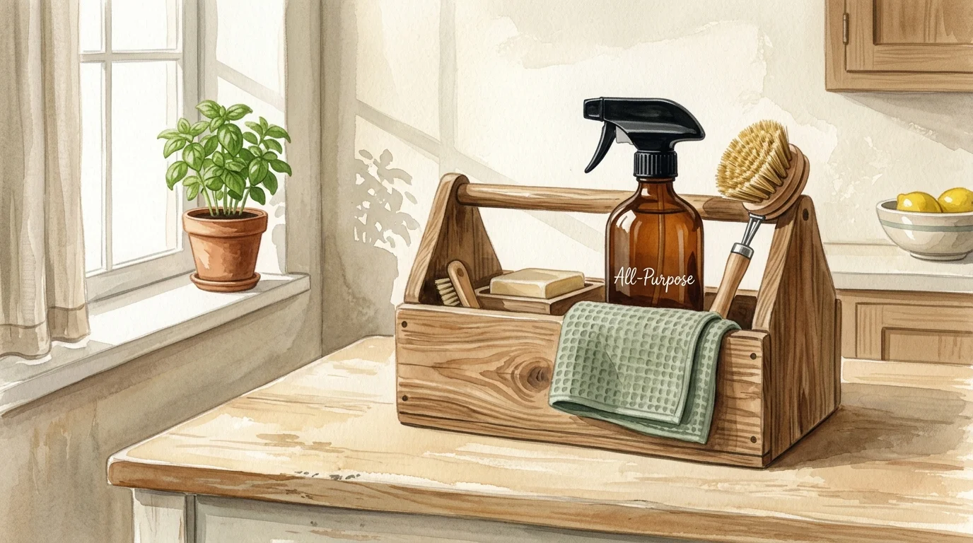 A peaceful gouache illustration of a wooden cleaning caddy with an amber spray bottle, a scrub brush, and a sage green cloth.
