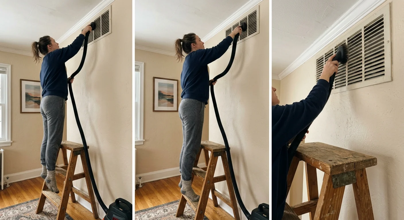 A person on a stepstool uses a vacuum brush attachment to clean dust from a high wall vent register.