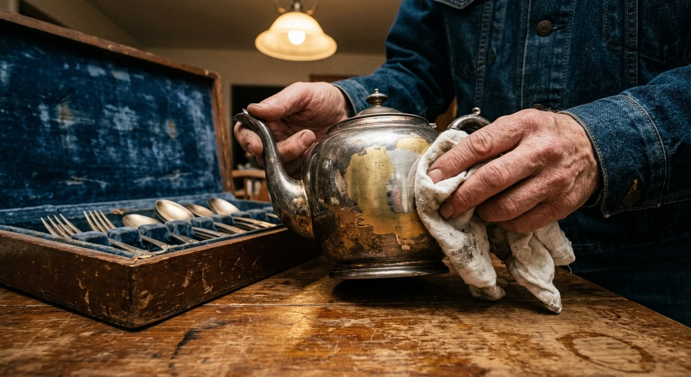 A person polishing a tarnished silver teapot, revealing the worn-away plating and brass metal underneath.