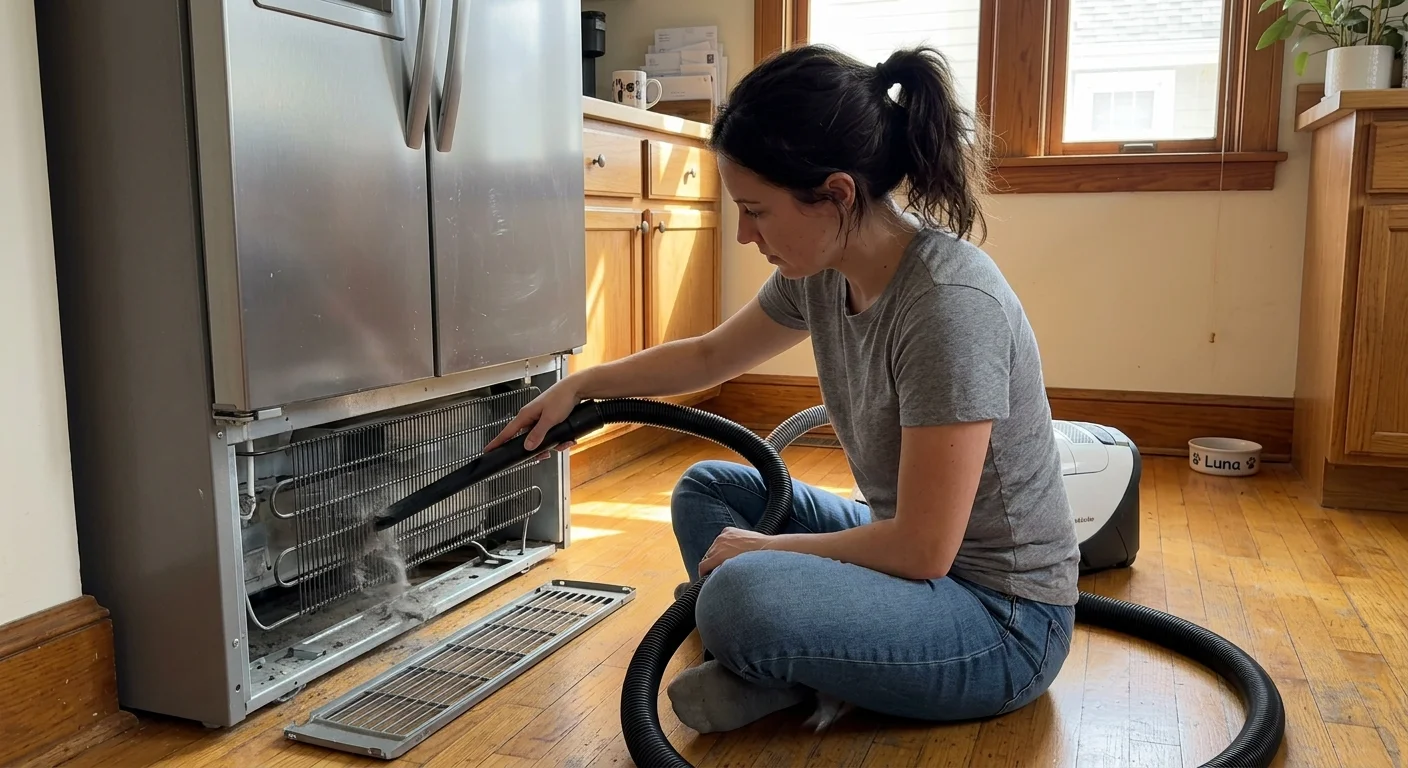 A person sitting on a kitchen floor using a vacuum crevice tool to clean the condenser coils underneath a refrigerator.