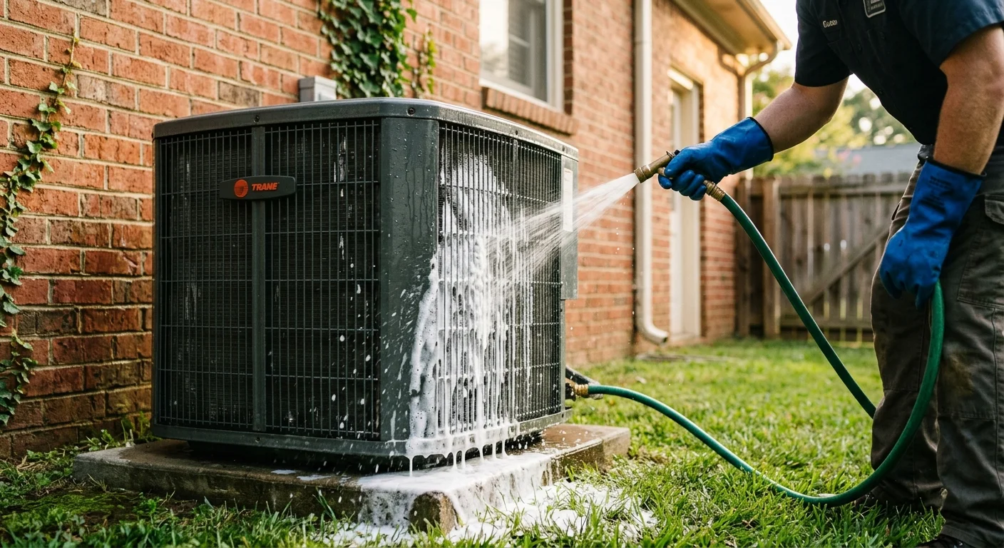 A person uses a garden hose to rinse white foaming cleaner off the metal fins of an outdoor AC condenser unit.