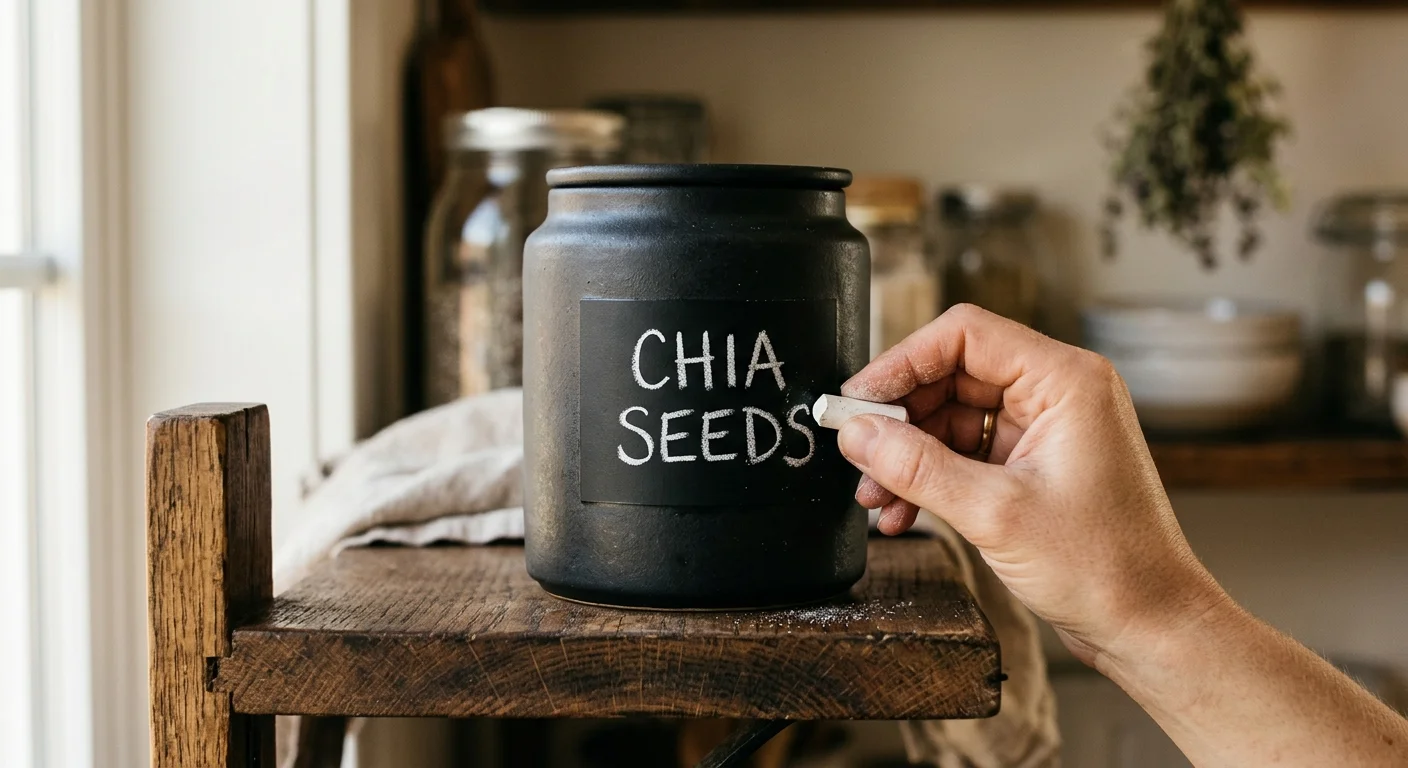 A person writing 'CHIA SEEDS' in white chalk on a black chalkboard label attached to a ceramic canister.