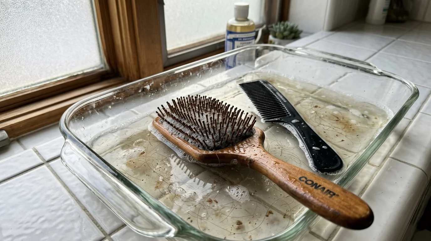 A photo of a wooden hairbrush and a black comb soaking in a glass dish of warm, soapy water.