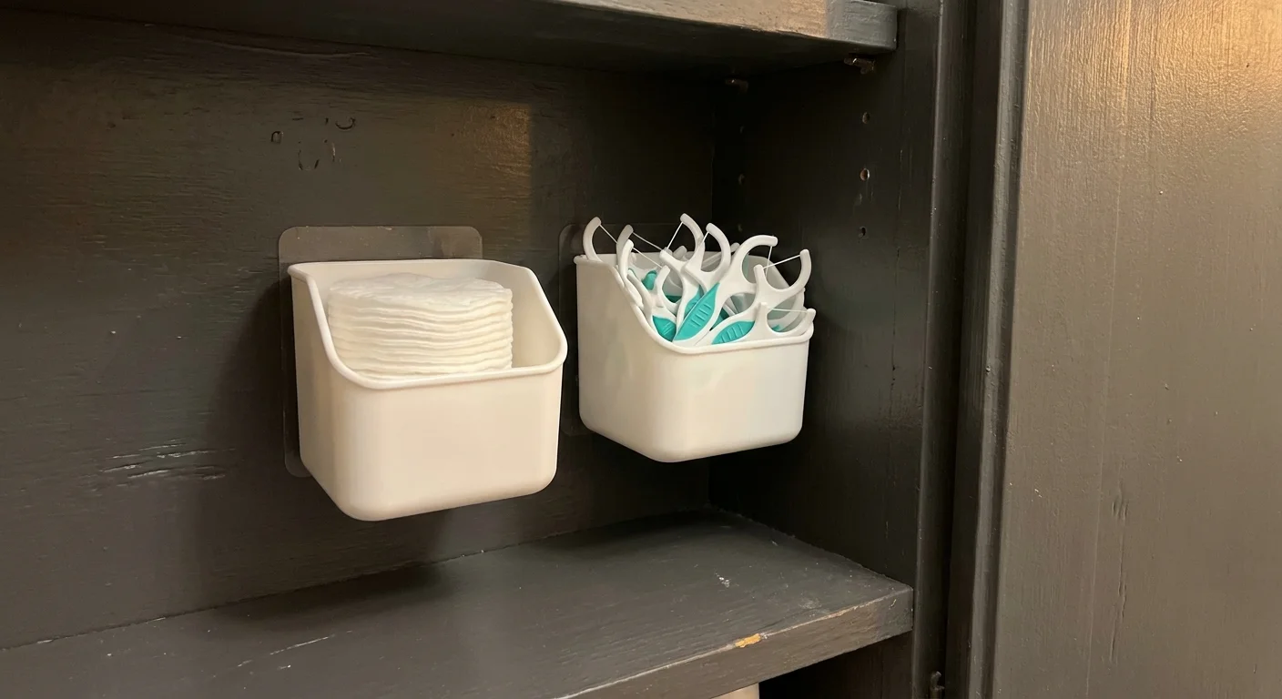 A photo of small white plastic bins mounted to the inside wall of a cabinet, holding cotton pads and floss picks.