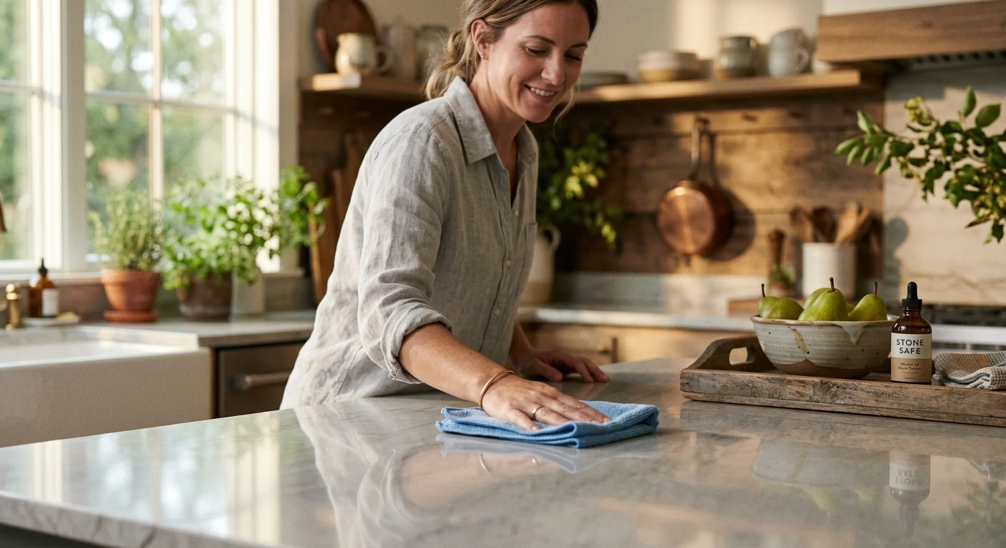 A photograph of a person wiping a clean quartzite kitchen island with a soft blue microfiber cloth.