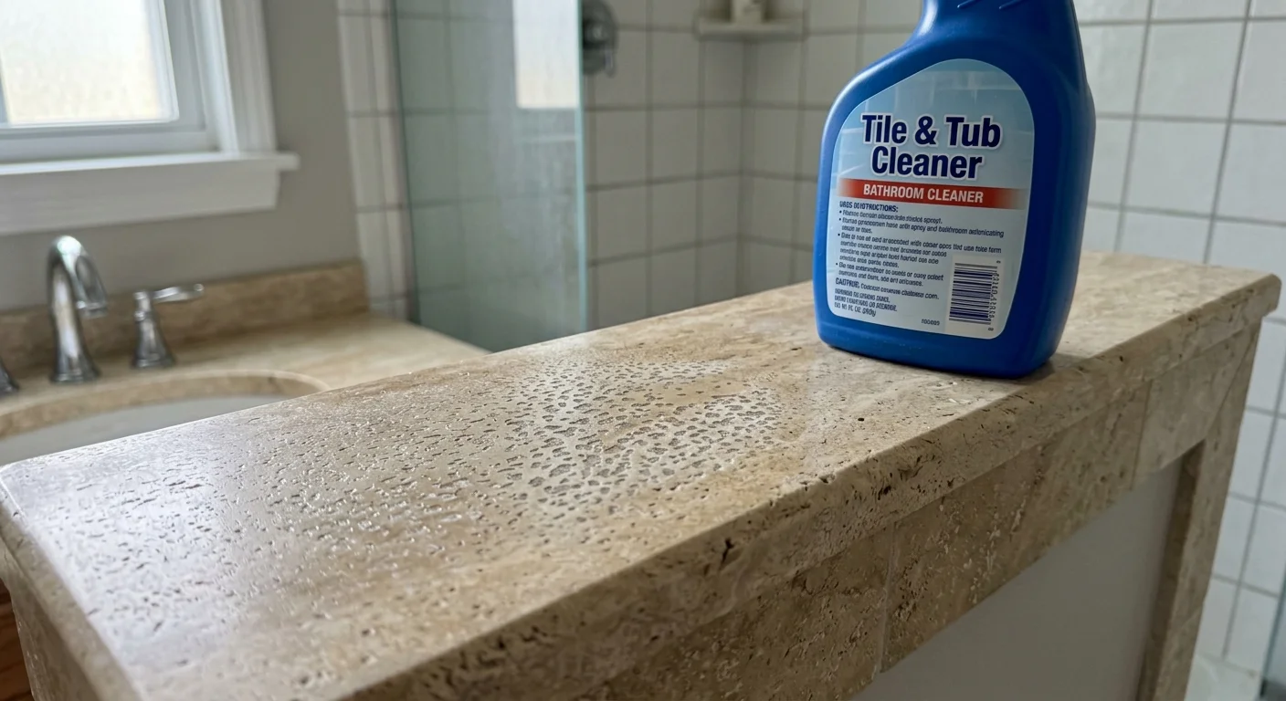 A photograph of a spray bottle of tile cleaner leaving dull, etched mist spots on a travertine vanity.