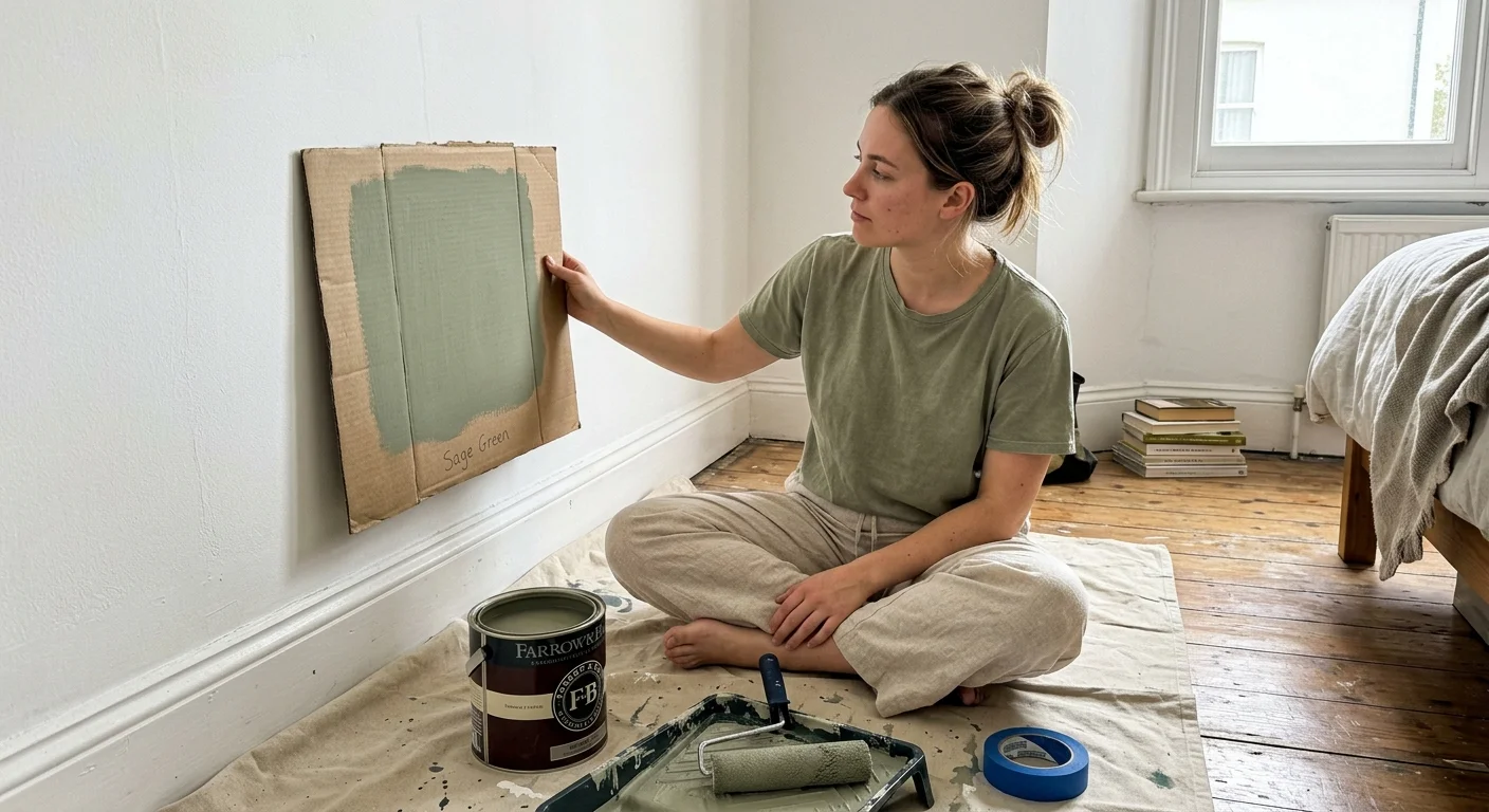 A real-life, casual photo of a person sitting on their bedroom floor comparing a sage green paint swatch against the wall.