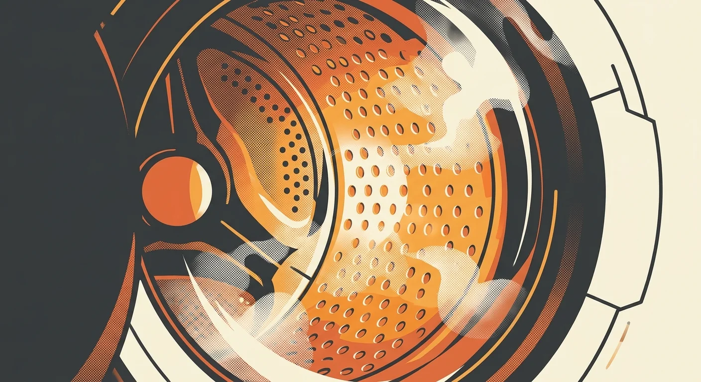 A screenprint-style illustration looking inside a clean washing machine drum radiating a warm, sanitizing golden glow.