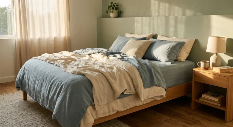A serene bedroom with a matte sage green wall, rumpled linen bedding in dusty blue and cream, and warm golden hour light.