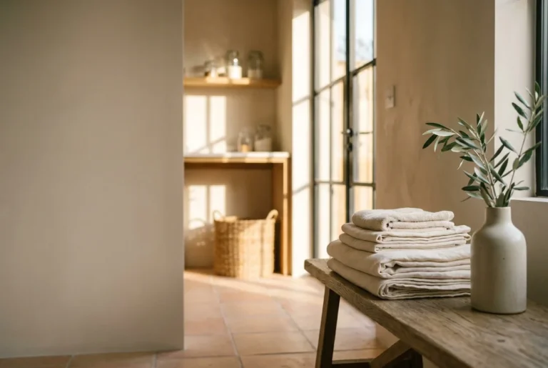 A serene, sunlit laundry corner with a neat stack of folded linen sheets on an oak bench, casting soft shadows on terracotta tiles.