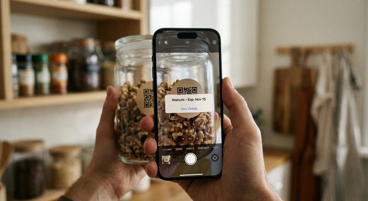 A smartphone scanning a QR code label on a jar of walnuts, showing digital expiration details on the screen.