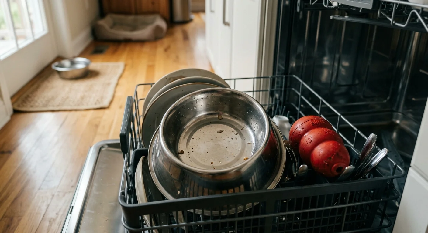 A stainless steel pet bowl and a red rubber chew toy sitting on the rack of a dishwasher.