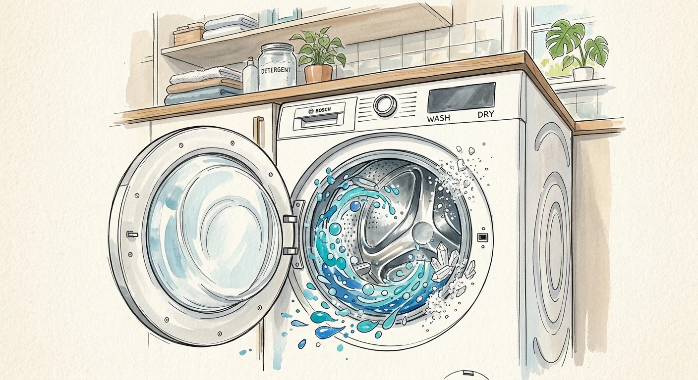 A stylized gouache illustration of an open washing machine drum with swirling blue water dissolving white mineral deposits.