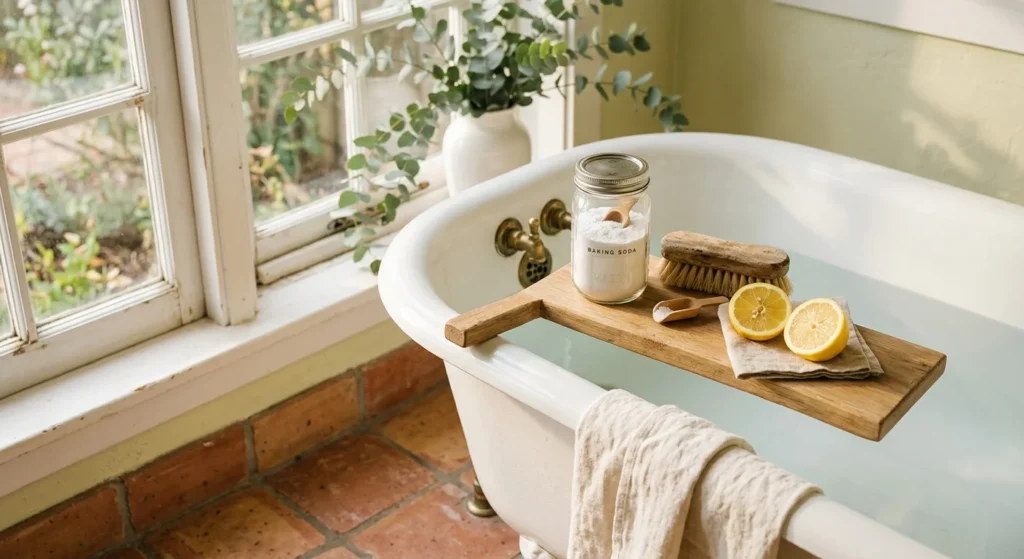 A sunlit clawfoot bathtub with a wooden caddy holding a jar of baking soda, a natural scrub brush, and a halved lemon.