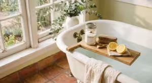 A sunlit clawfoot bathtub with a wooden caddy holding a jar of baking soda, a natural scrub brush, and a halved lemon.