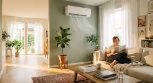 A sunlit modern living room with a clean wall-mounted air conditioner blowing a cool breeze over a houseplant while a person relaxes on a so