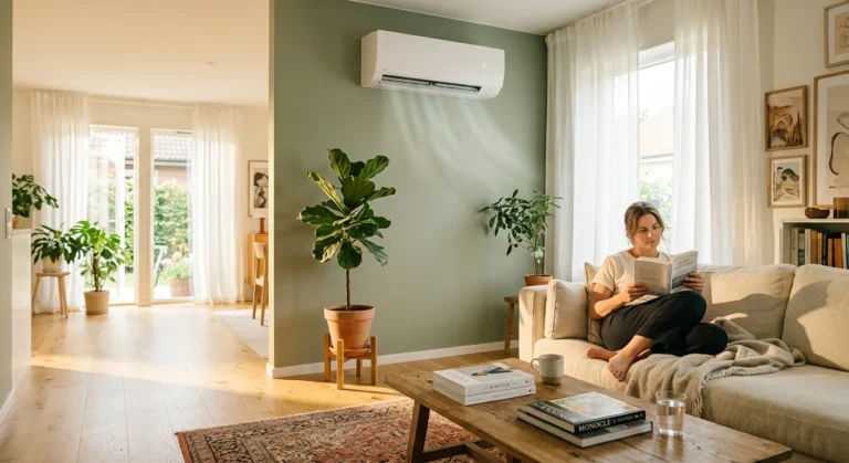 A sunlit modern living room with a clean wall-mounted air conditioner blowing a cool breeze over a houseplant while a person relaxes on a so