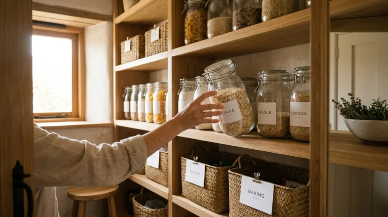 A sunlit, organized pantry shelf featuring glass jars with minimalist labels and woven baskets with neat clip-on tags.