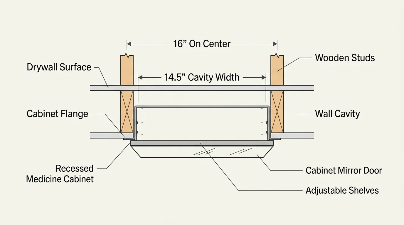 A technical cross-section diagram showing standard 16-inch wall studs and a recessed cabinet fitting between them.