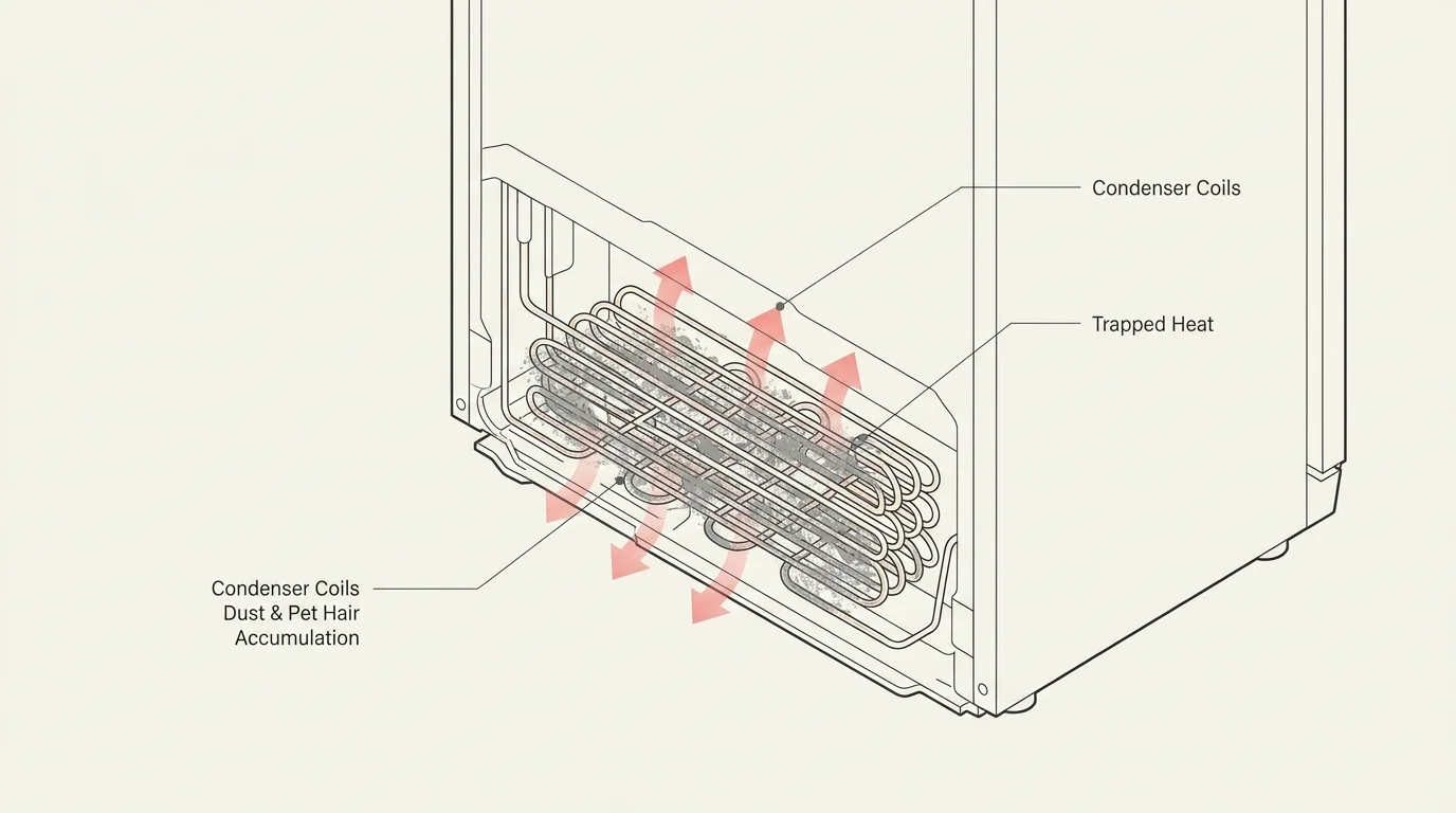 A technical diagram of the bottom back of a refrigerator, showing where dust accumulates on condenser coils and traps heat.