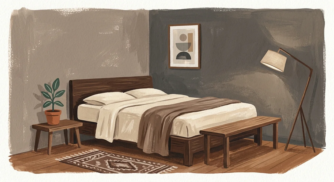 A textured gouache illustration of a cozy bedroom corner with warm, grounding taupe walls and cream bedding.