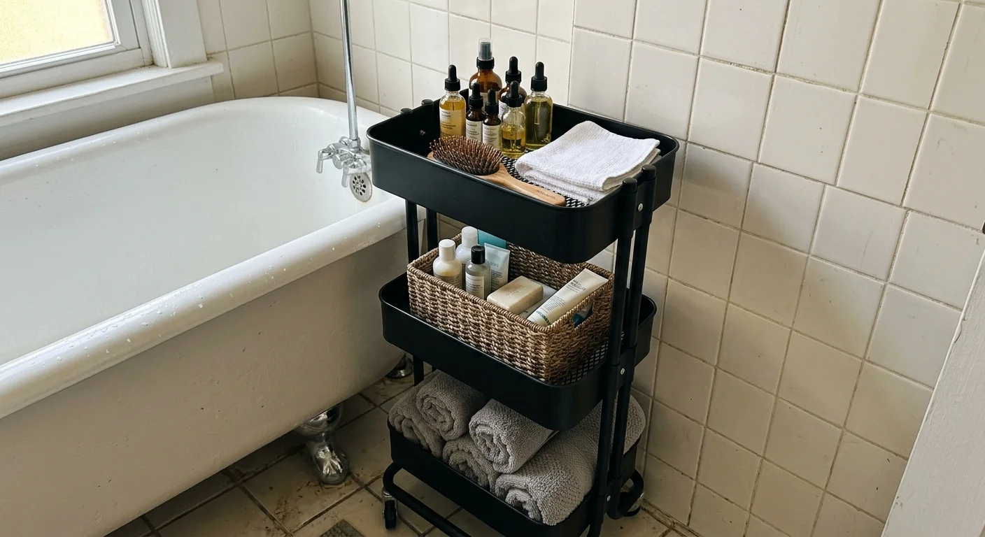 A three-tiered matte black rolling utility cart filled with towels and toiletries tucked next to a white bathtub.