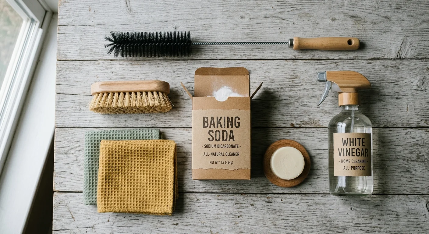 A top-down flat lay of clean, natural supplies: a wooden scrub brush, baking soda, a coil brush, a vinegar spray bottle, and cloths.