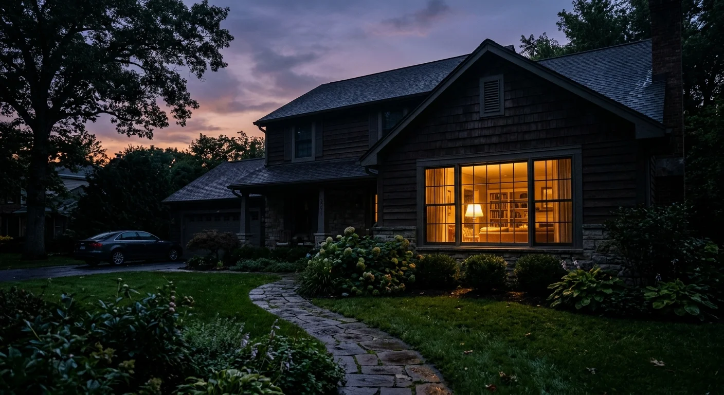 A warm golden light glowing inside a quiet suburban home at twilight, simulating presence using a timer.