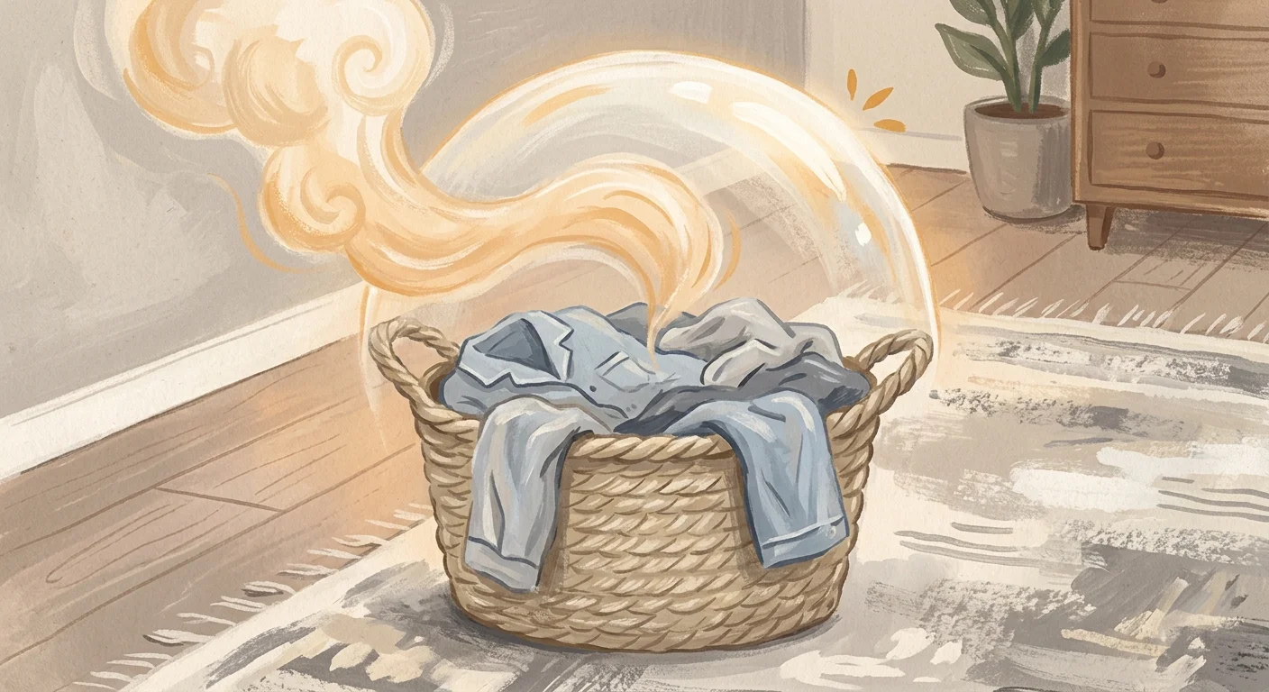 A warm gouache illustration of a laundry basket with pajamas, enveloped in a gentle, warm protective steam cloud.