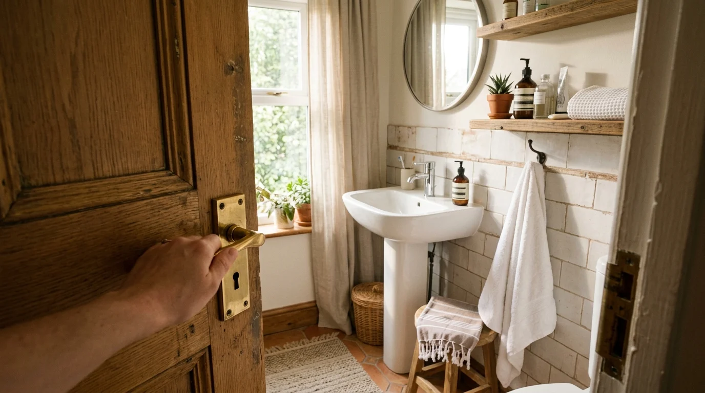 A warm photograph of a sunlit, organized small bathroom seen through an open wooden door.