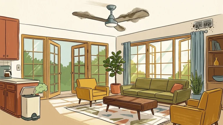 A warm, stylized gouache illustration of a sunlit living room showing hidden spots where summer dust and grime accumulate.