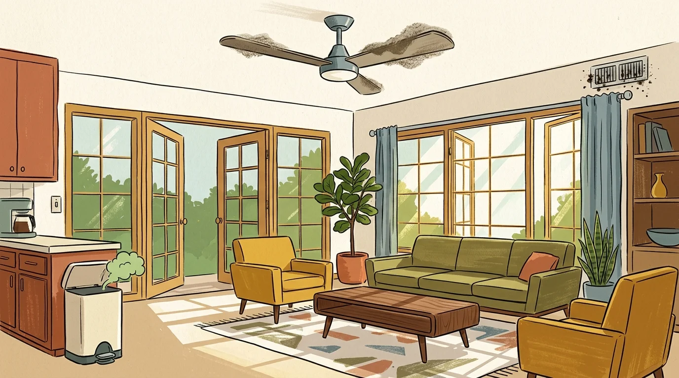 A warm, stylized gouache illustration of a sunlit living room showing hidden spots where summer dust and grime accumulate.